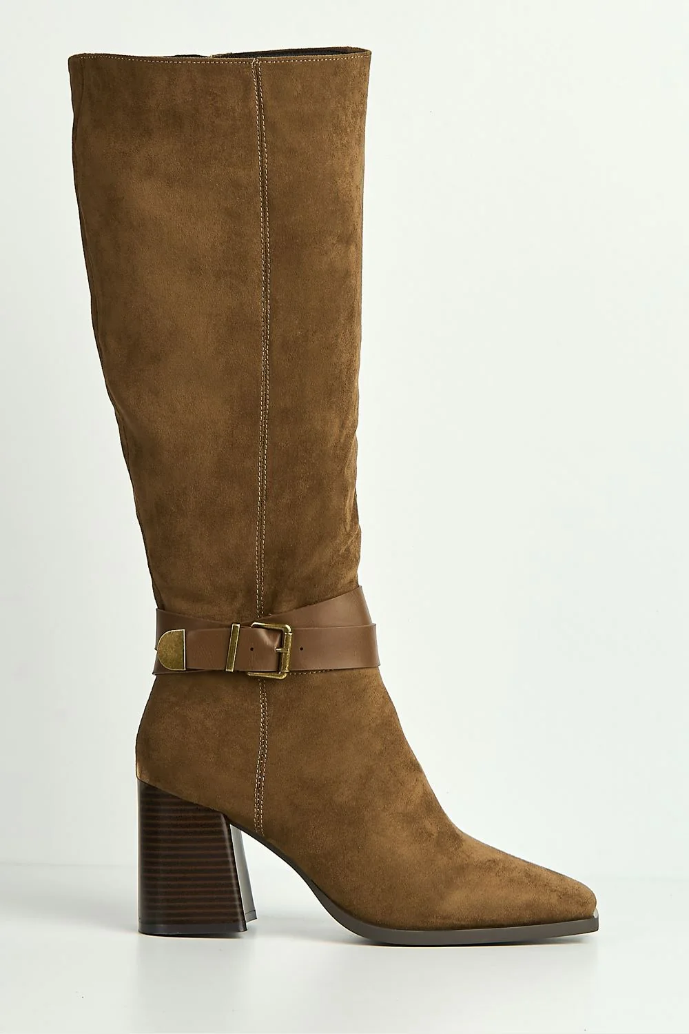 Leilani Gold Buckle Detail Knee High Block Heel Boots in Camel - Image 5