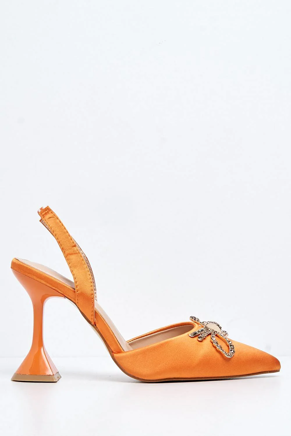 Leiria Diamante Bow Brooch Pointed Toe Spool Heel Court Shoe in Orange - Image 4