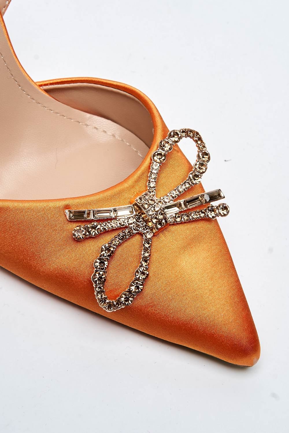 Leiria Diamante Bow Brooch Pointed Toe Spool Heel Court Shoe in Orange - Image 6