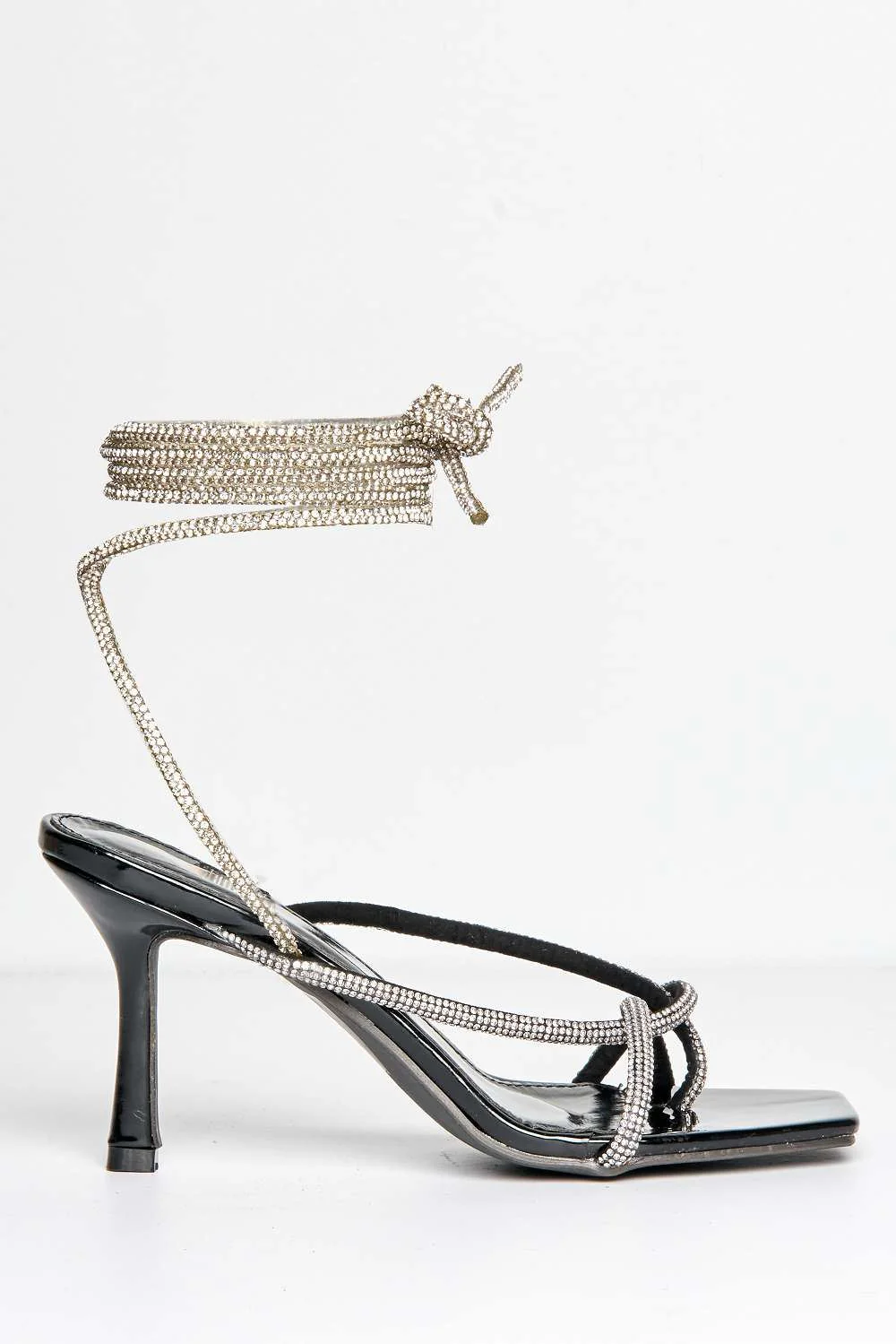 Lenny Diamante Embellished Square Toe Lace Up Heeled Sandals in Black - Image 4