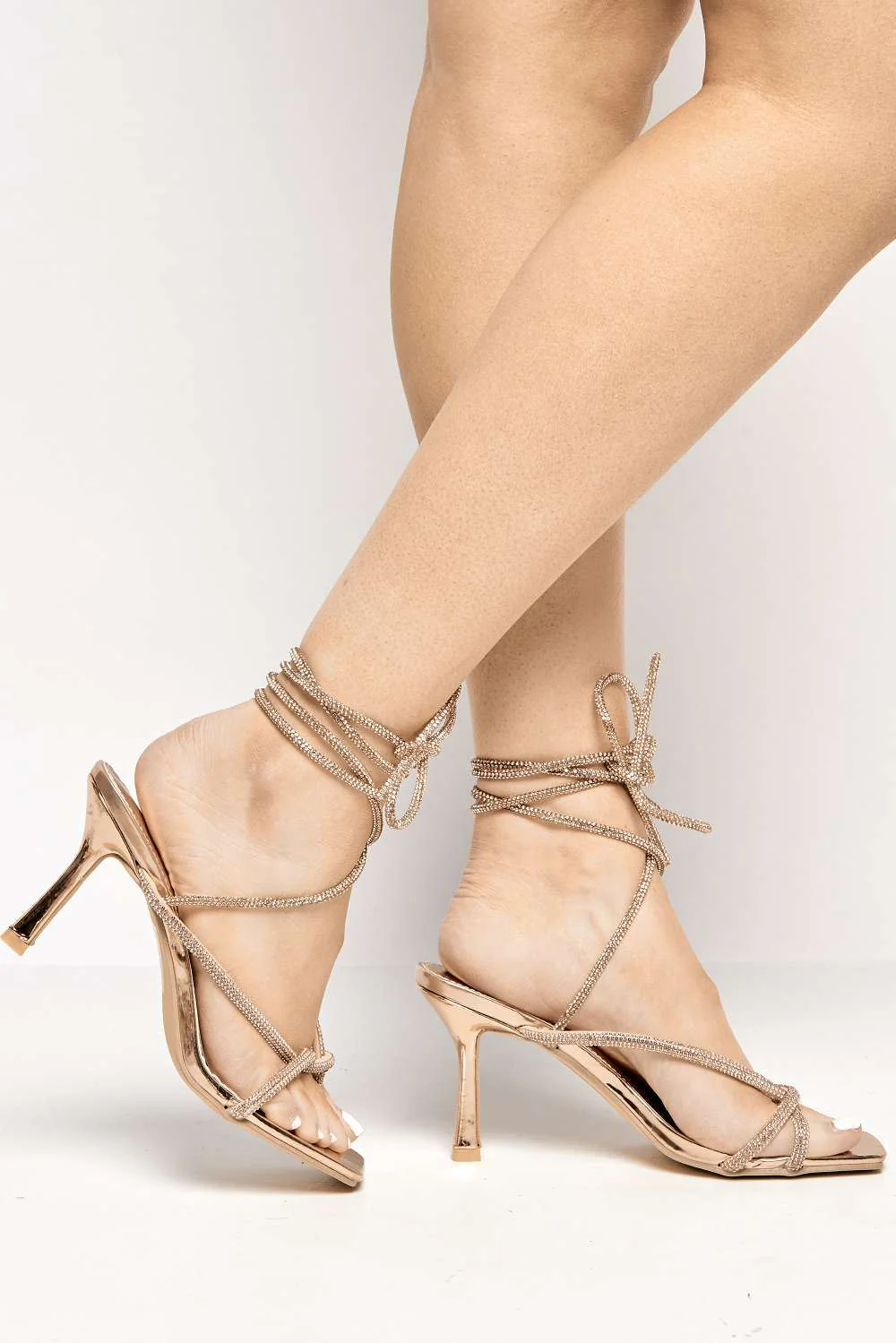 Lenny  Diamante Embellished Square Toe Lace Up Heeled Sandals in Champagne - Image 2
