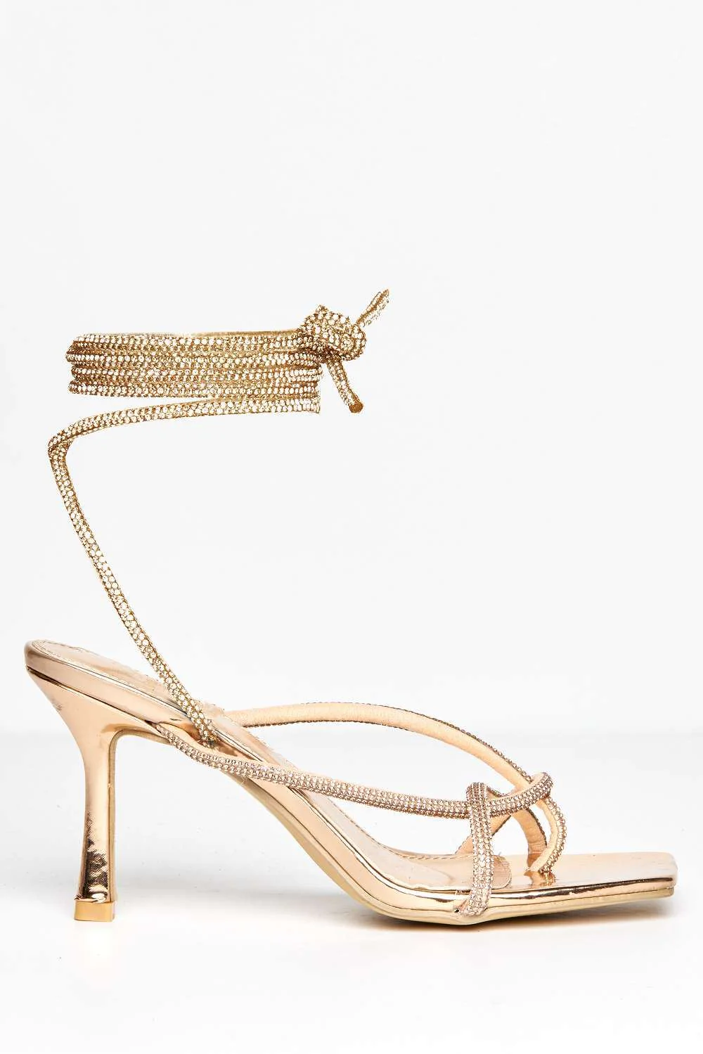 Lenny  Diamante Embellished Square Toe Lace Up Heeled Sandals in Champagne - Image 4