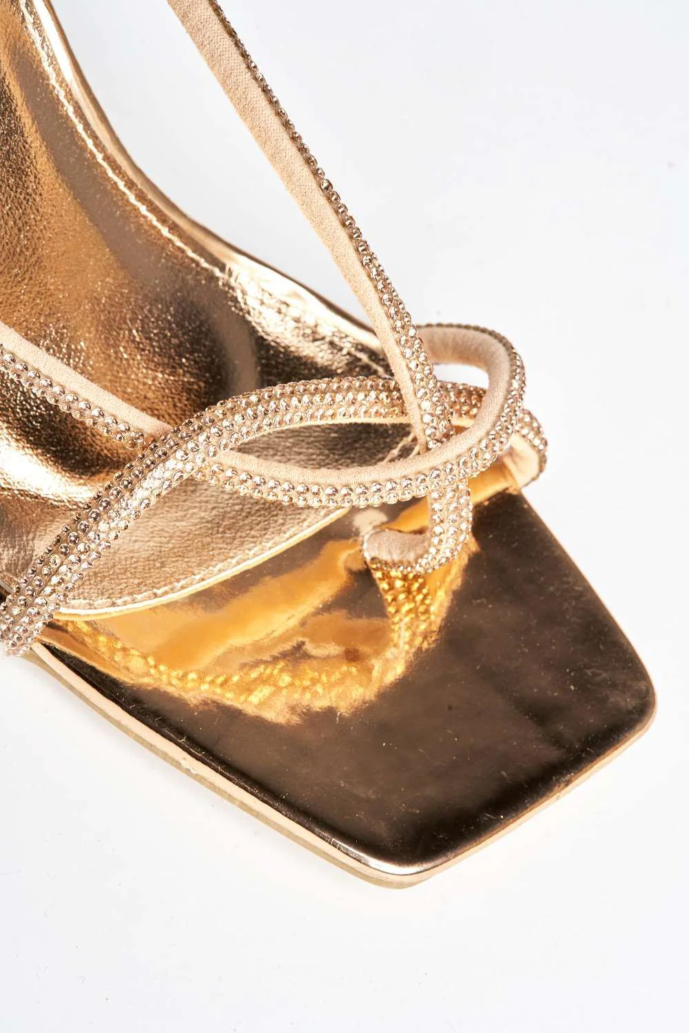 Lenny  Diamante Embellished Square Toe Lace Up Heeled Sandals in Champagne - Image 5