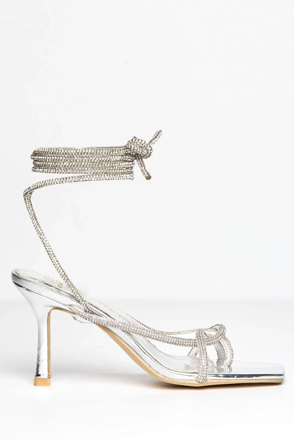 Lenny  Diamante Embellished Square Toe Lace Up Heeled Sandals in Silver - Image 3