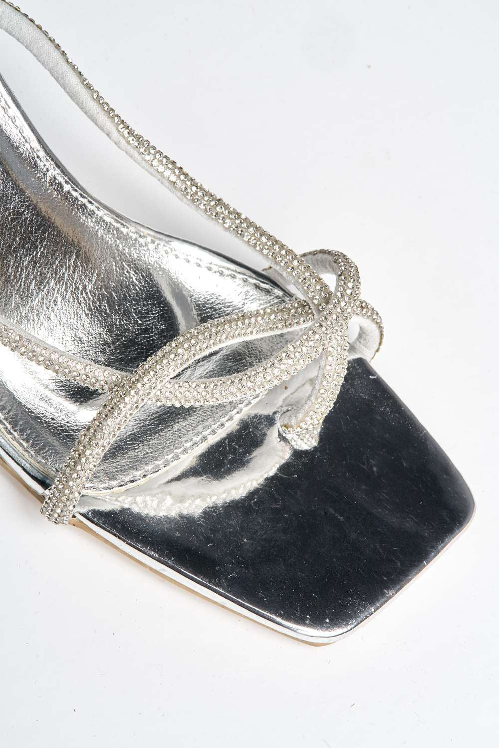 Lenny  Diamante Embellished Square Toe Lace Up Heeled Sandals in Silver - Image 4