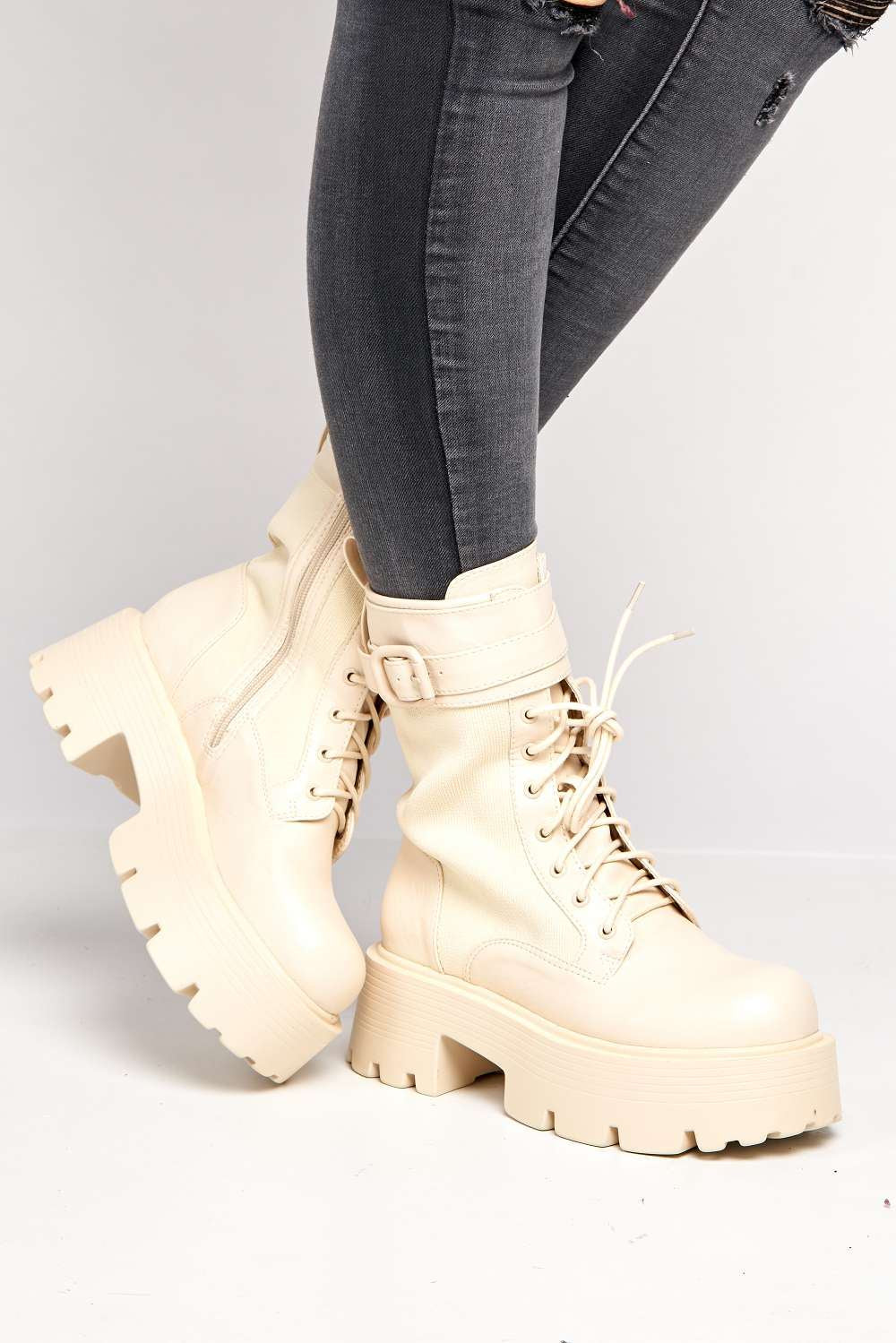 Leora Chunky Flatform Boots in Cream - Image 2