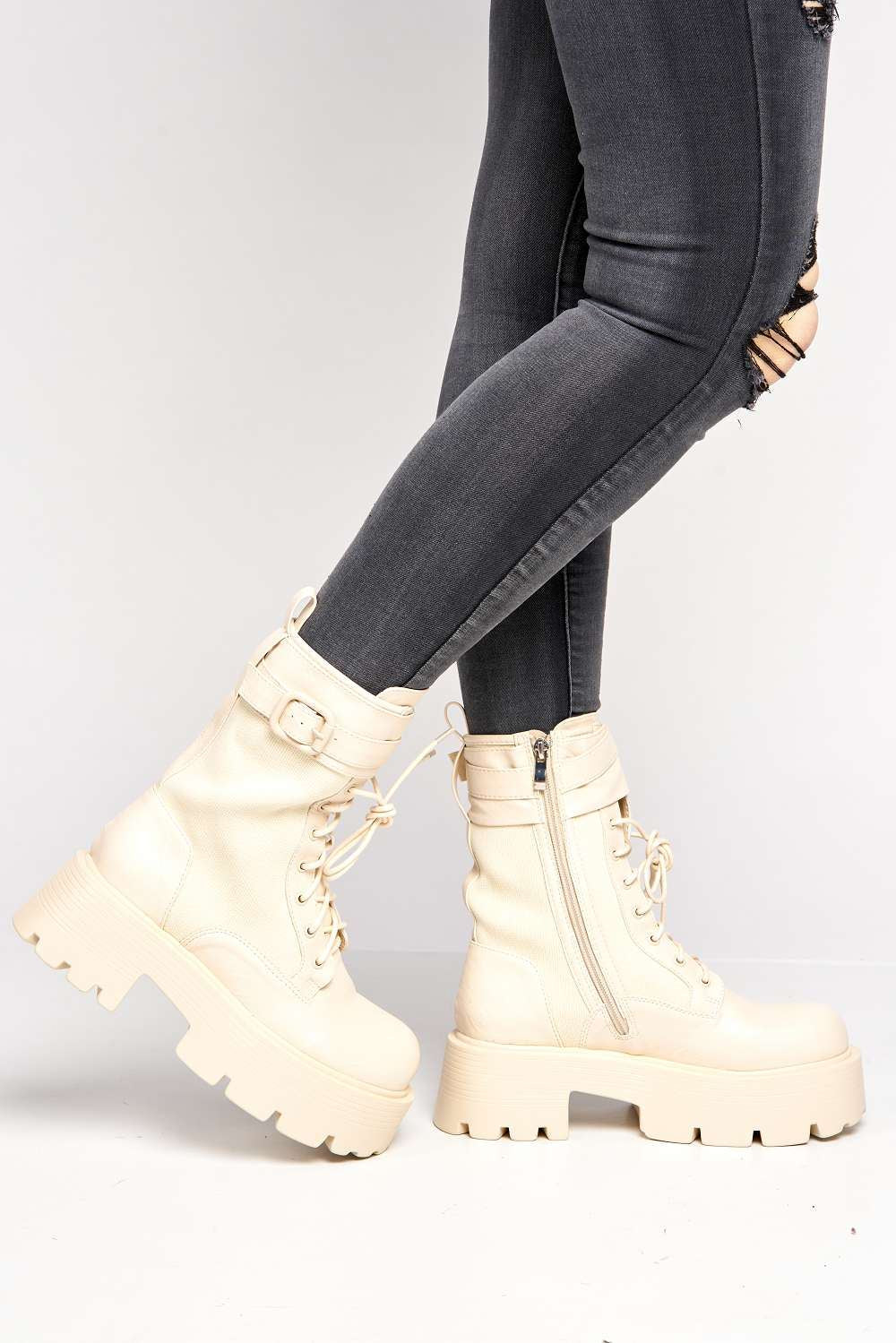Leora Chunky Flatform Boots in Cream - Image 3