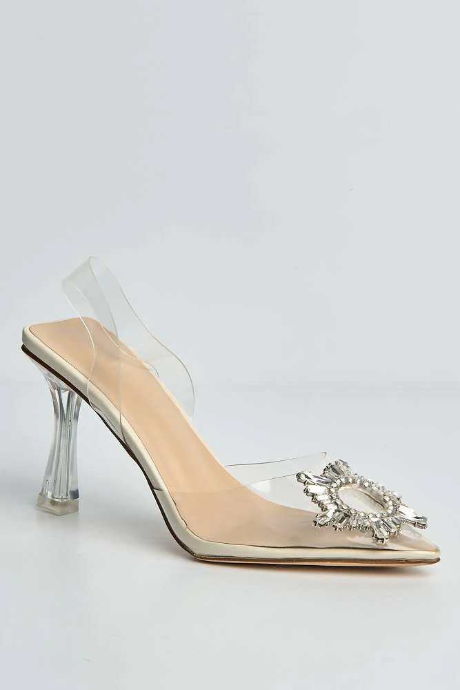 Leyra Diamante Brooch Slingback Perspex Court Shoes in Cream - Image 4