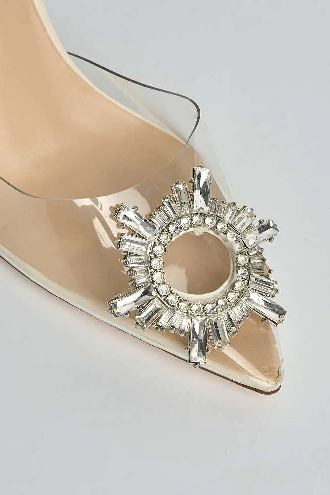 Leyra Diamante Brooch Slingback Perspex Court Shoes in Cream - Image 5