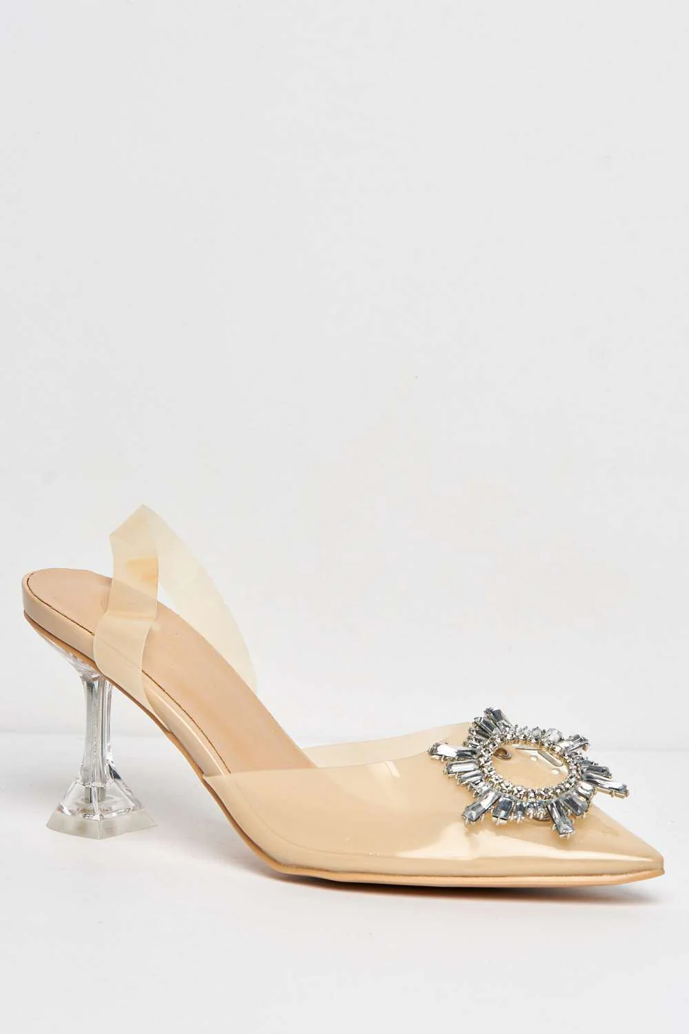 Leyra Diamante Brooch Slingback Perspex Court Shoes in Nude - Image 4