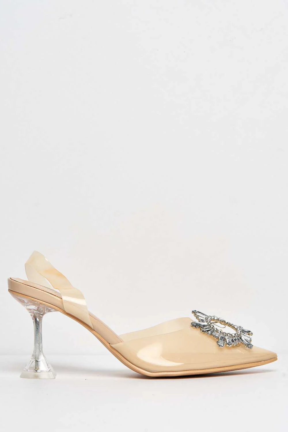 Leyra Diamante Brooch Slingback Perspex Court Shoes in Nude - Image 5
