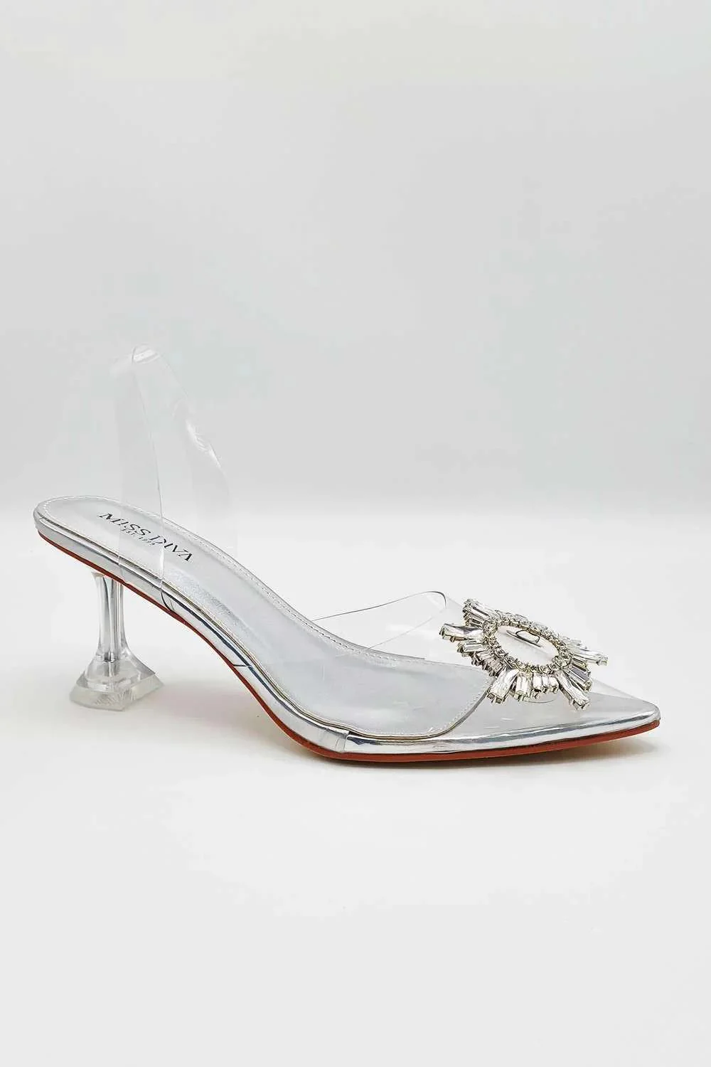 Leyra Diamante Brooch Slingback Perspex Court Shoes in Silver - Image 2