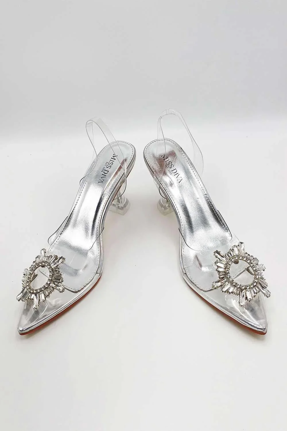 Leyra Diamante Brooch Slingback Perspex Court Shoes in Silver - Image 4