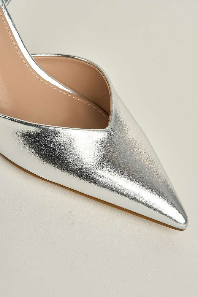 Liana Pointed Toe Slingback Court Shoes in Silver - Image 5