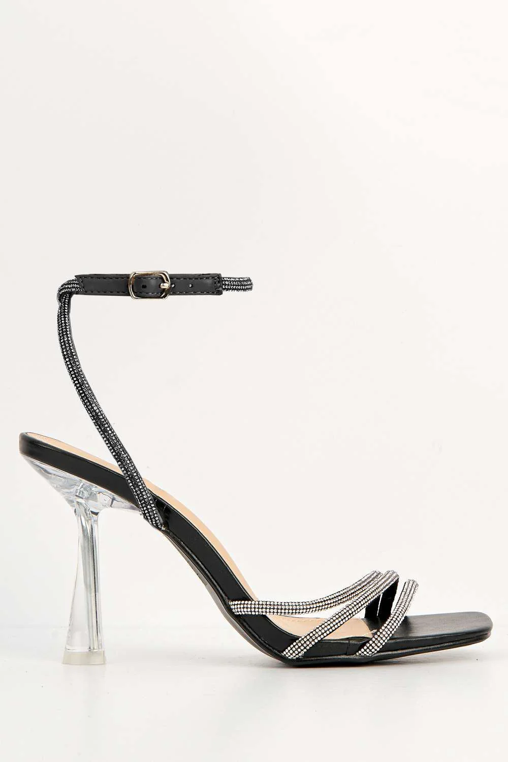 Lilliana Diamante Embellished Sandals with Perspex Heel in Black - Image 4