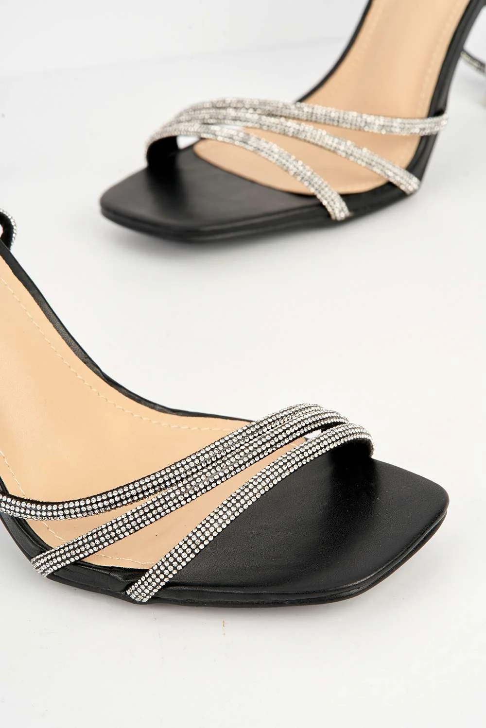 Lilliana Diamante Embellished Sandals with Perspex Heel in Black - Image 5