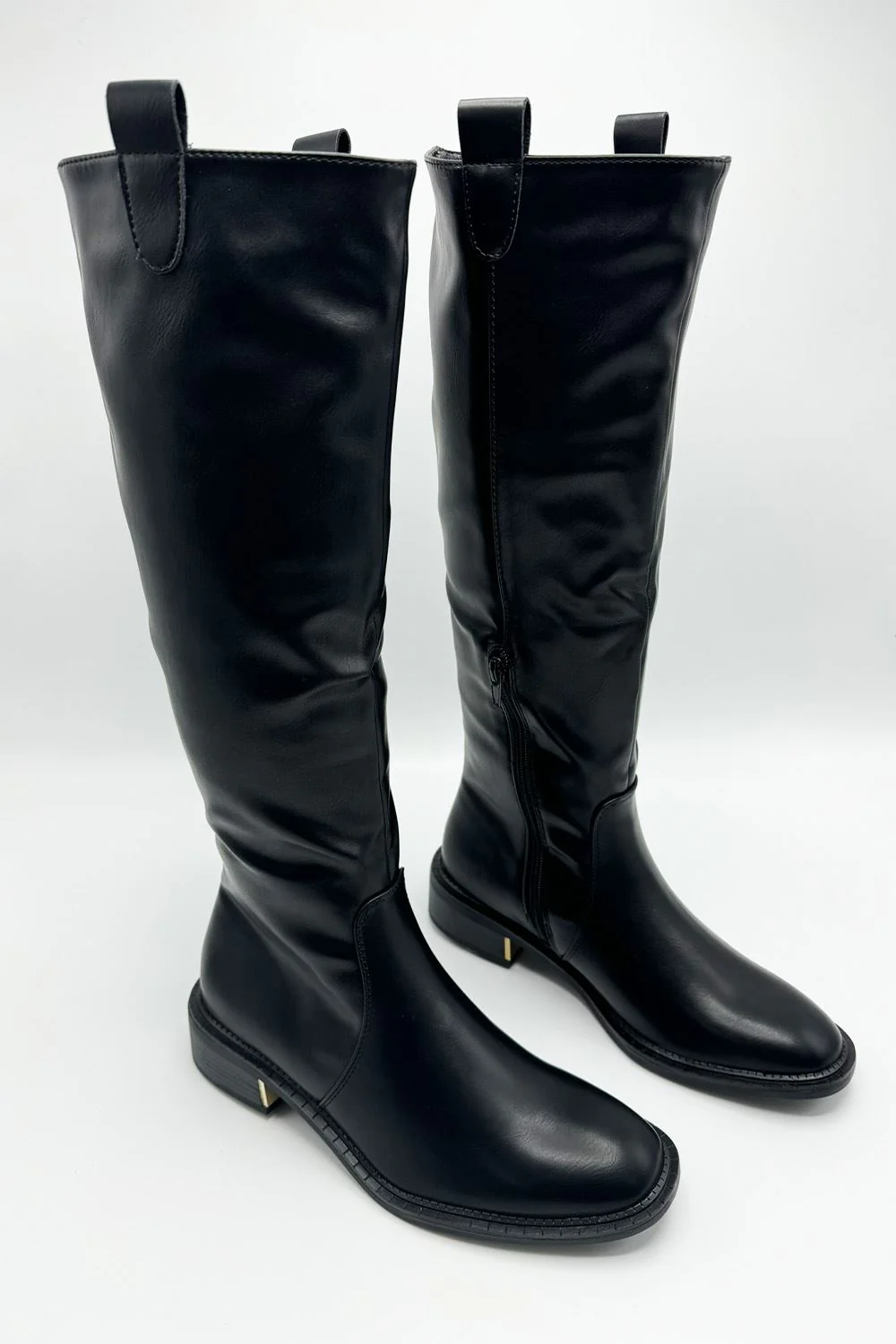 Lima Low Gold Trim Block Heel Boots in Black Matt - Image 3