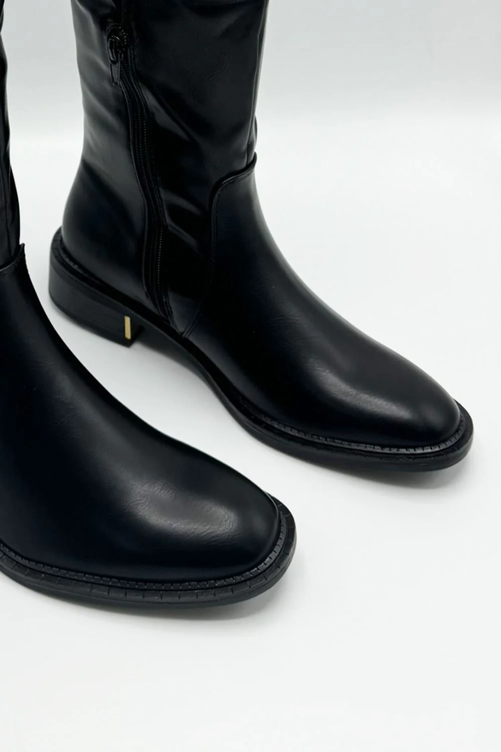 Lima Low Gold Trim Block Heel Boots in Black Matt - Image 4