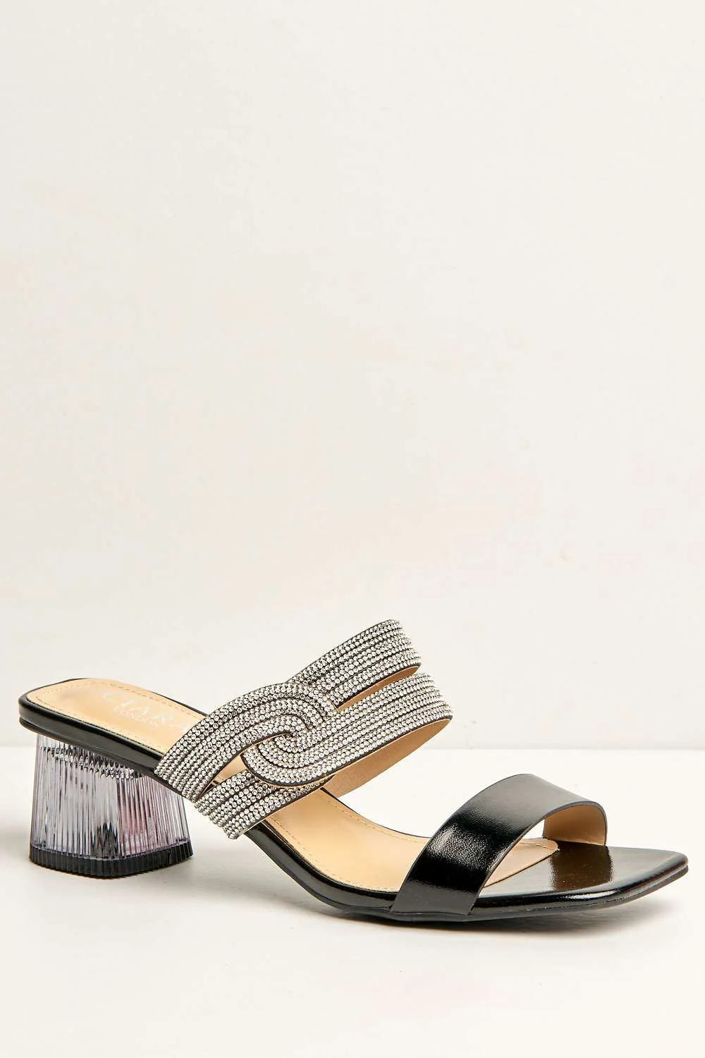 Lina Twist Diamante Band Slip On Block Heel Mule in Black - Image 4