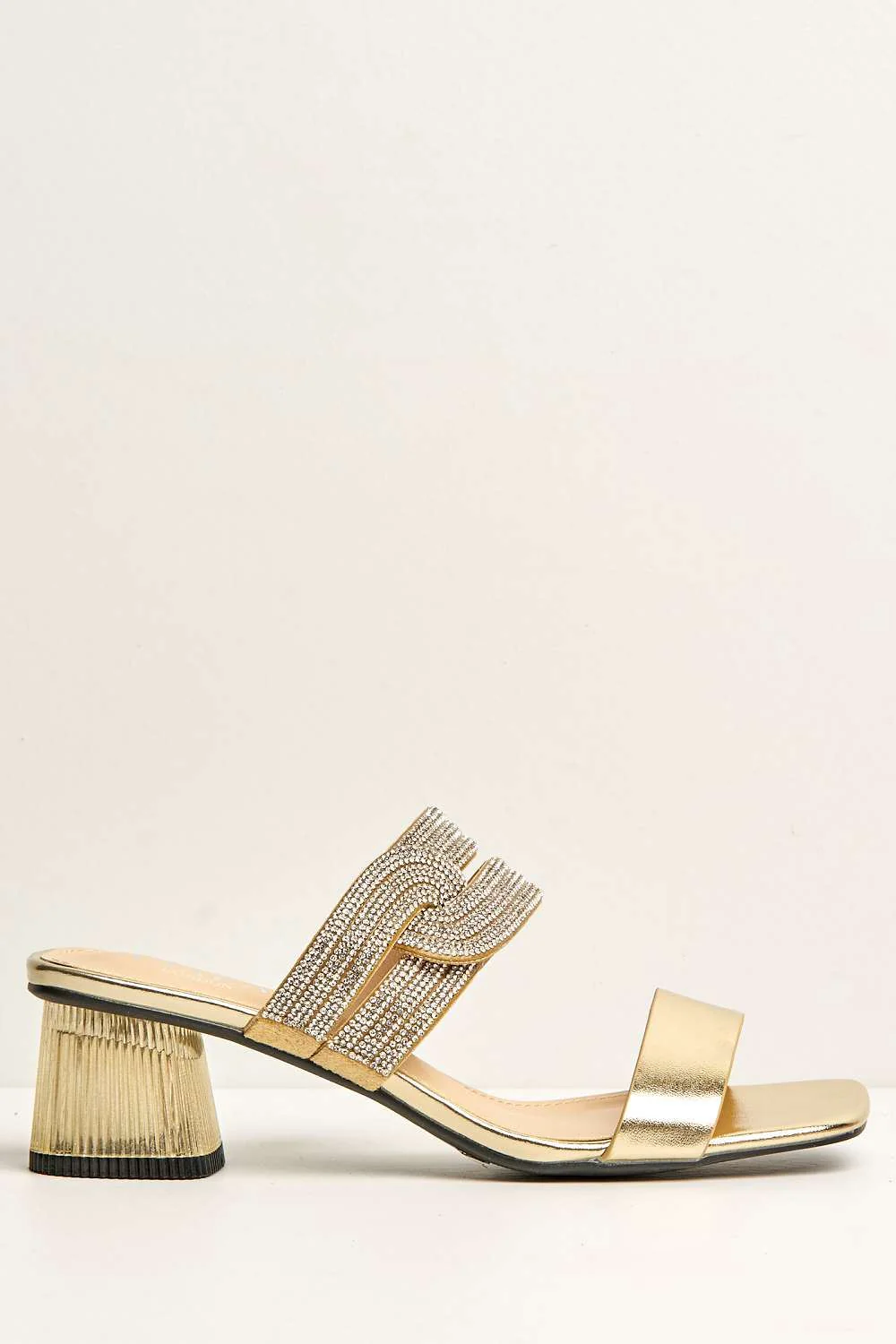 Lina Twist Diamante Band Slip On Block Heel Mule in Gold - Image 5
