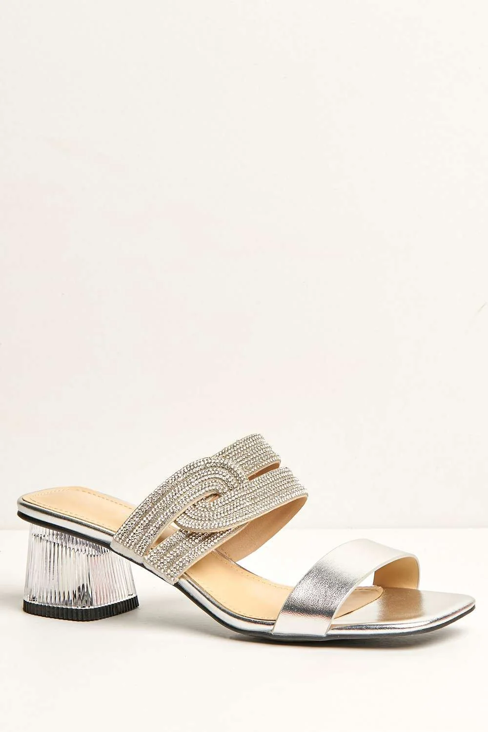 Lina Twist Diamante Band Slip On Block Heel Mule in Silver - Image 4