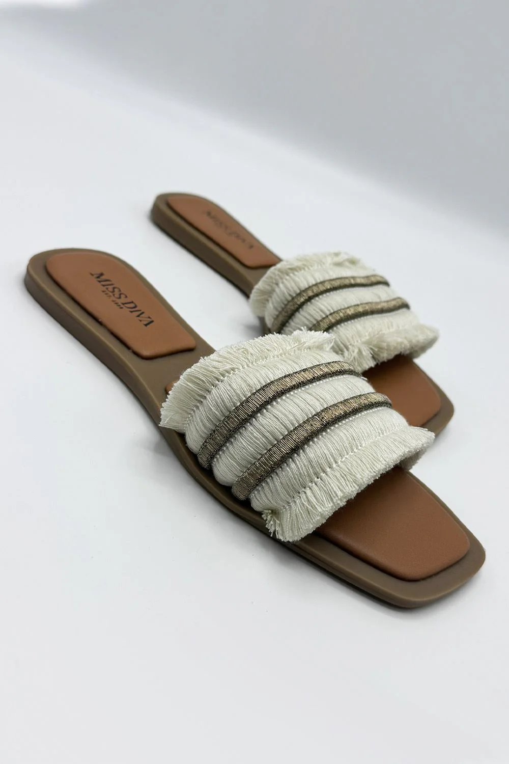 Linnea Tassel Strap Sliders in Beige - Image 3