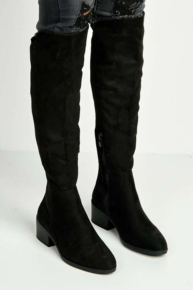 Lira Elastic Back Gusset Low Heel Calf Boots in Black Suede