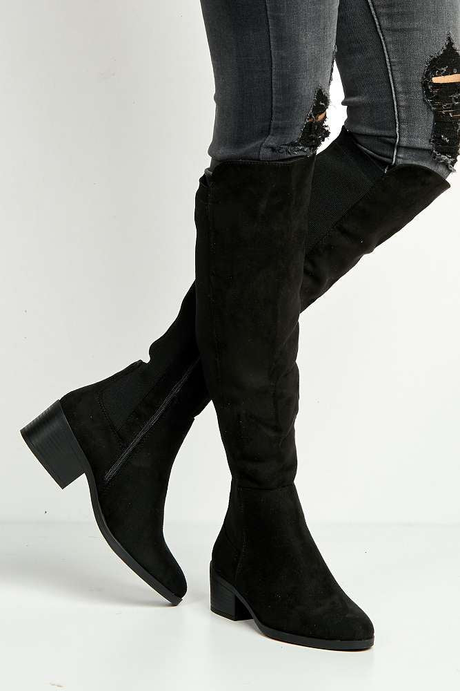 Lira Elastic Back Gusset Low Heel Calf Boots in Black Suede - Image 2