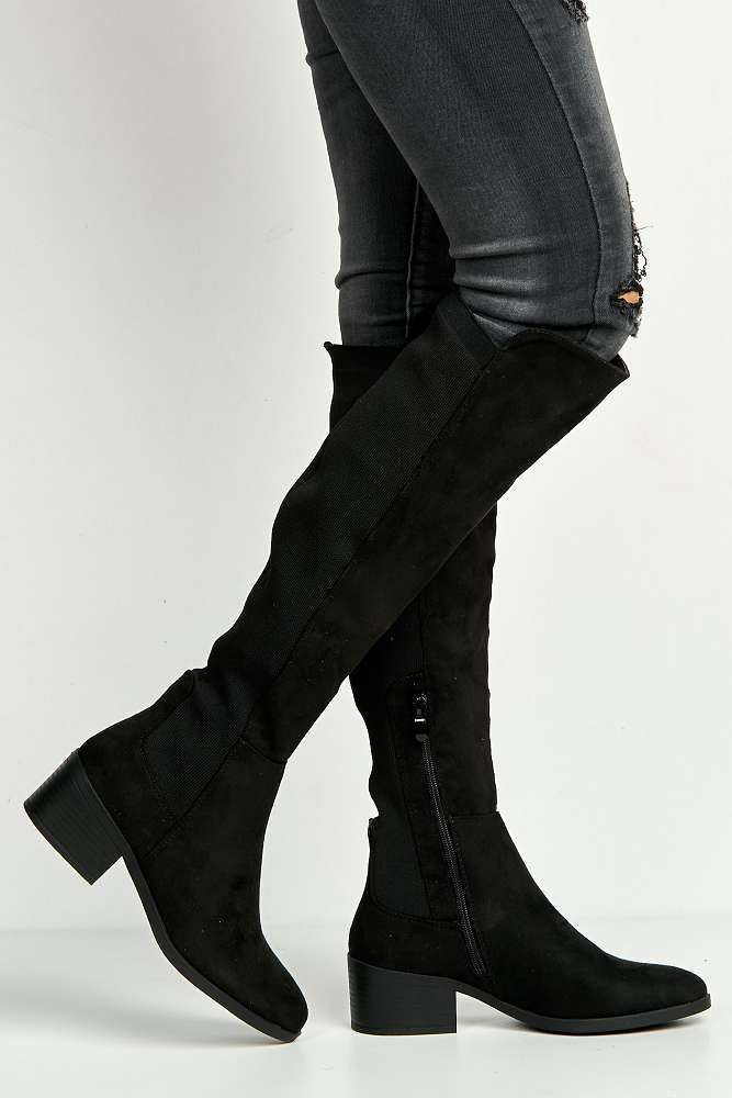 Lira Elastic Back Gusset Low Heel Calf Boots in Black Suede - Image 3