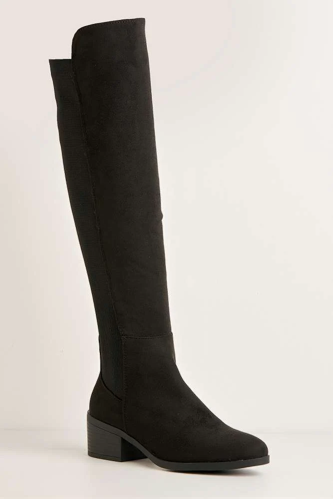 Lira Elastic Back Gusset Low Heel Calf Boots in Black Suede - Image 4