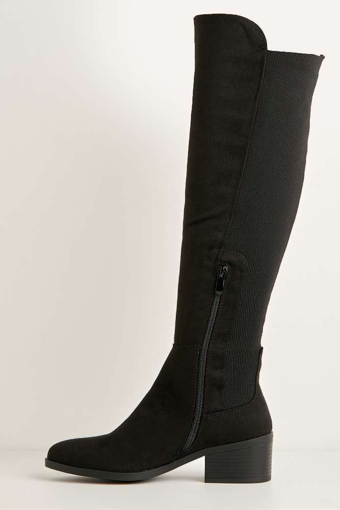 Lira Elastic Back Gusset Low Heel Calf Boots in Black Suede - Image 5