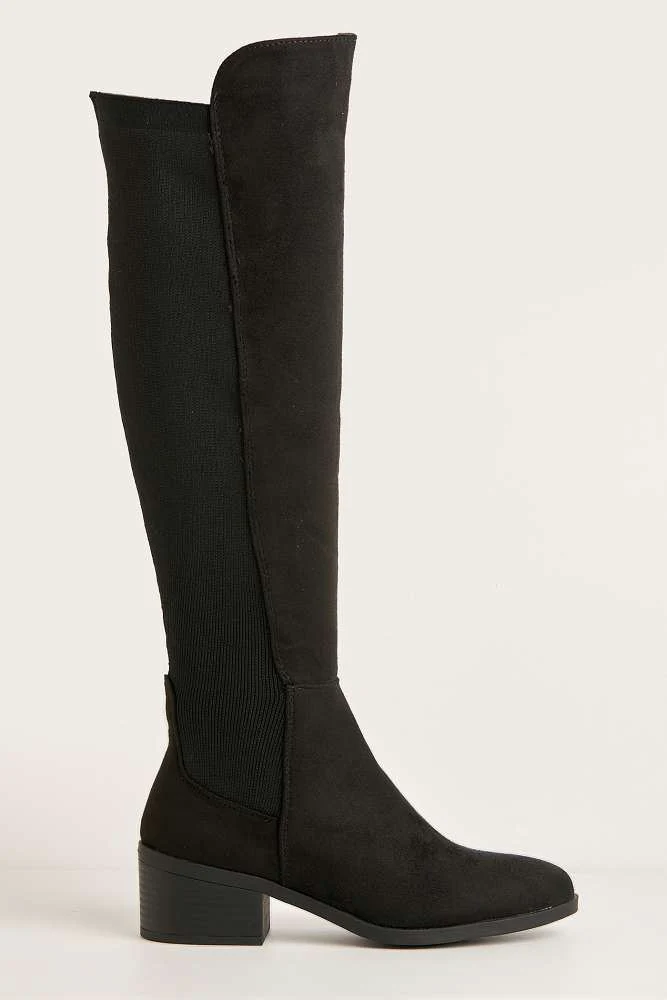 Lira Elastic Back Gusset Low Heel Calf Boots in Black Suede - Image 6