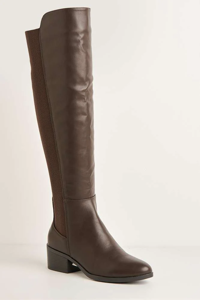 Lira Elastic Back Gusset Low Heel Calf Boots in Brown - Image 4