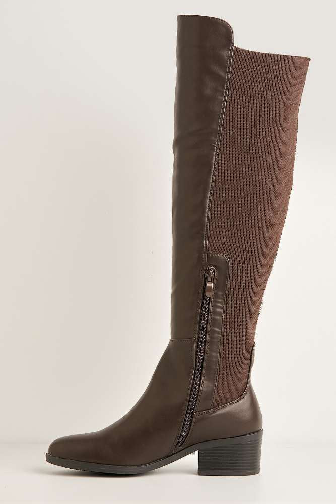 Lira Elastic Back Gusset Low Heel Calf Boots in Brown - Image 5