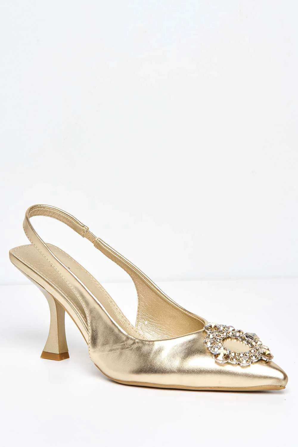 Lisbeth Diamante Brooch Detail Pointed Toe Court Shoes in Gold - Image 4