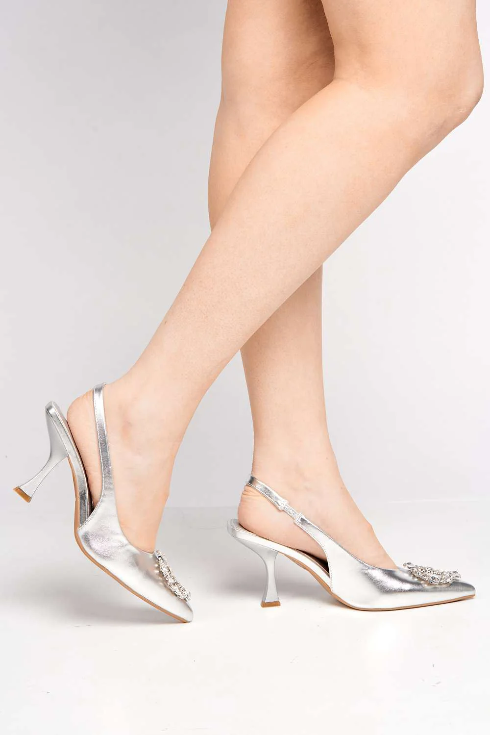 Lisbeth Diamante Brooch Detail Pointed Toe Court Shoes in Silver - Image 3