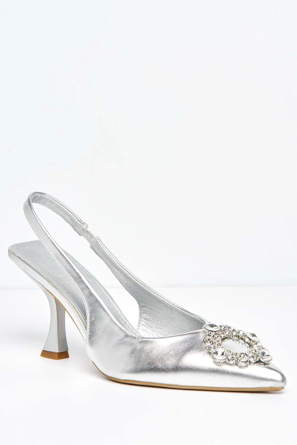 Lisbeth Diamante Brooch Detail Pointed Toe Court Shoes in Silver - Image 4