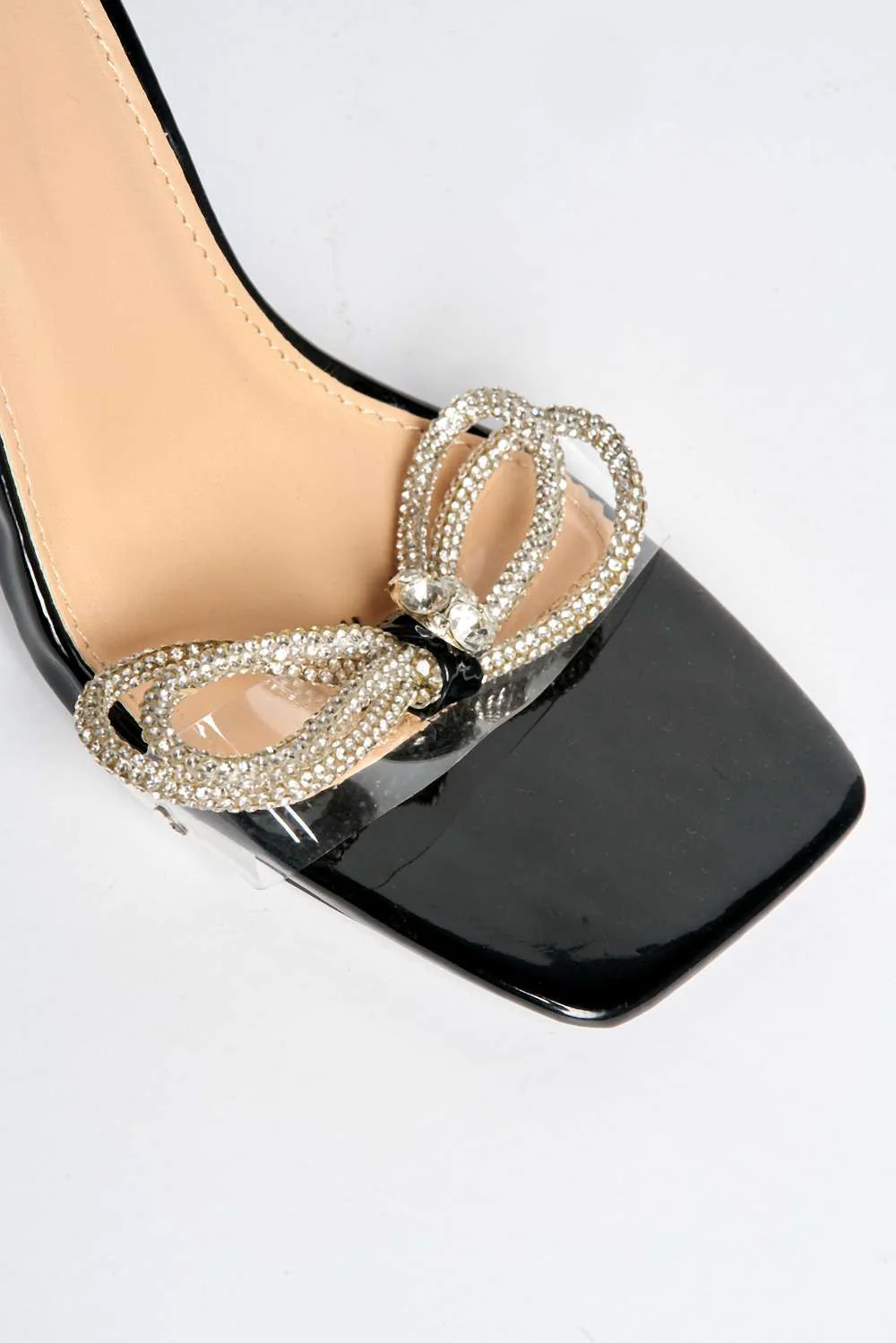 Lollie Diamante Bow Detail Ankle Strap Perspex Band Heeled Sandals in Black - Image 5