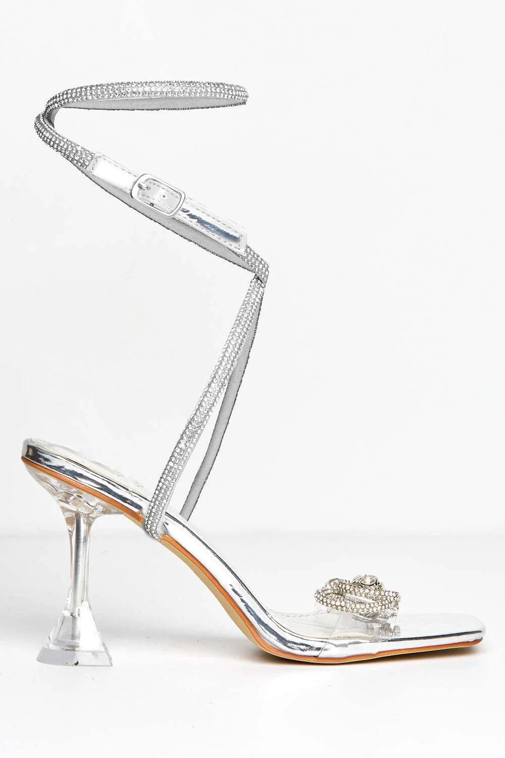 Lollie Diamante Bow Detail Ankle Strap Perspex Band Heeled Sandals in Silver - Image 4