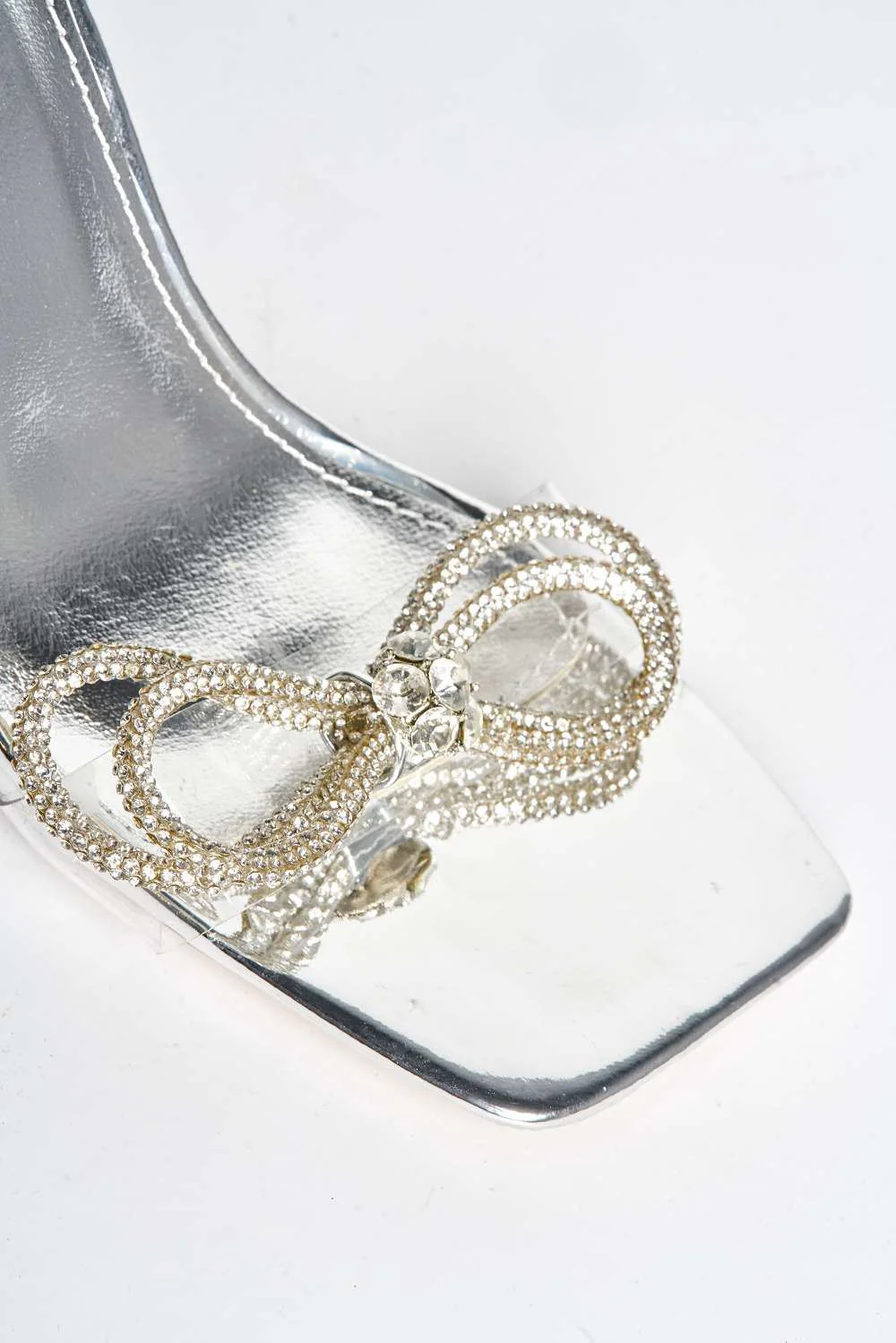 Lollie Diamante Bow Detail Ankle Strap Perspex Band Heeled Sandals in Silver - Image 5