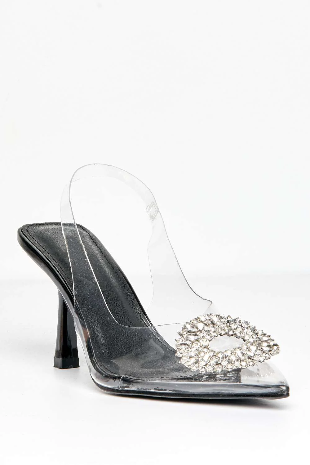 Lolya Diamante Brooch Detail Perspex Court Shoe Heels in Black - Image 4