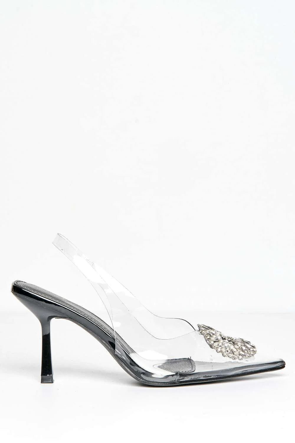 Lolya Diamante Brooch Detail Perspex Court Shoe Heels in Black - Image 5