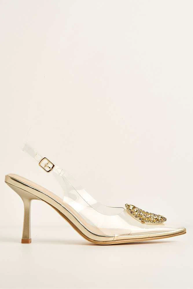 Lolya Diamante Brooch Detail Perspex Court Shoe Heels in Gold - Image 6