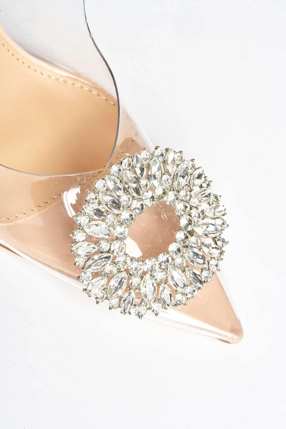 Lolya Diamante Brooch Detail Perspex Court Shoe Heels in Nude - Image 6