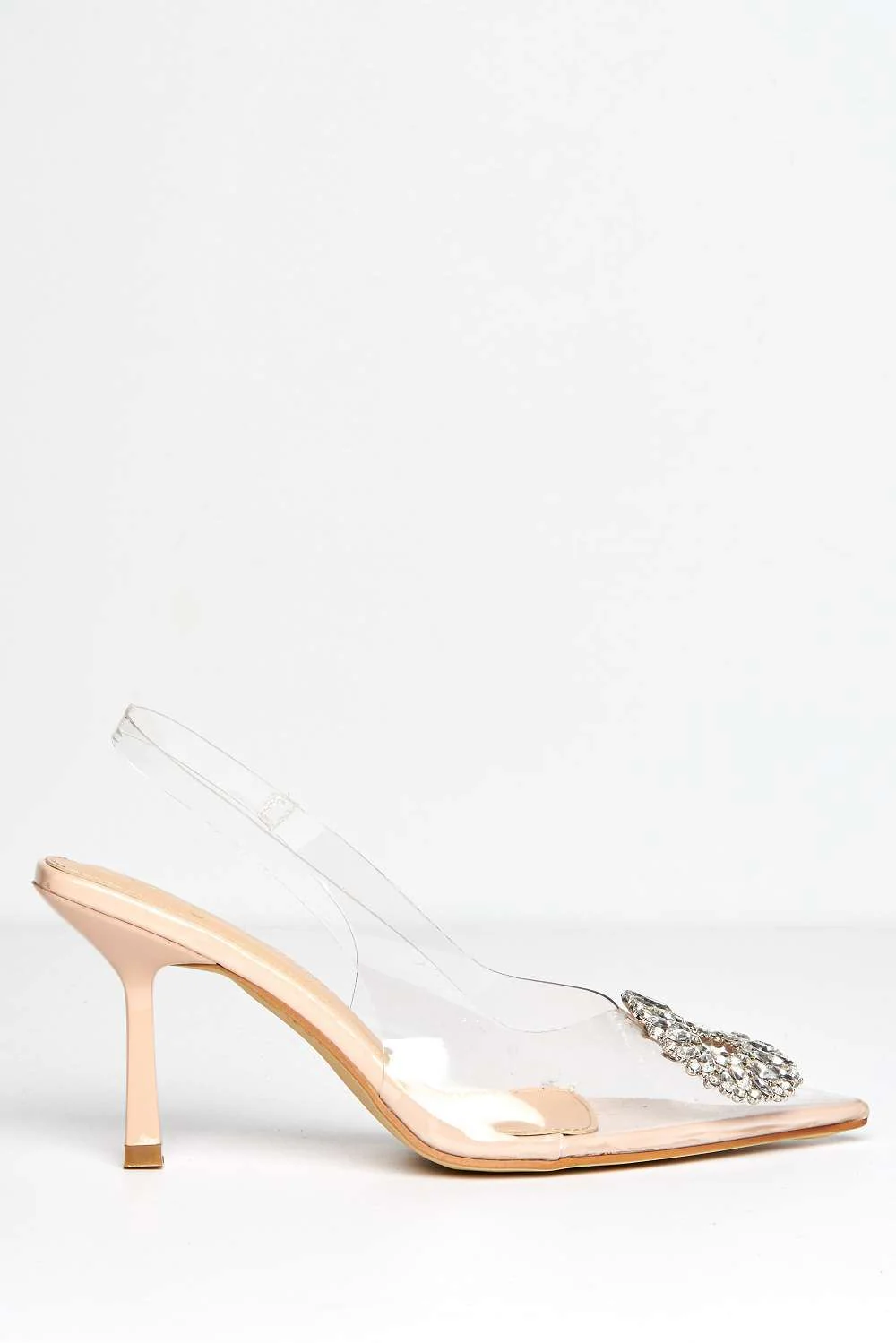 Lolya Diamante Brooch Detail Perspex Court Shoe Heels in Nude - Image 5
