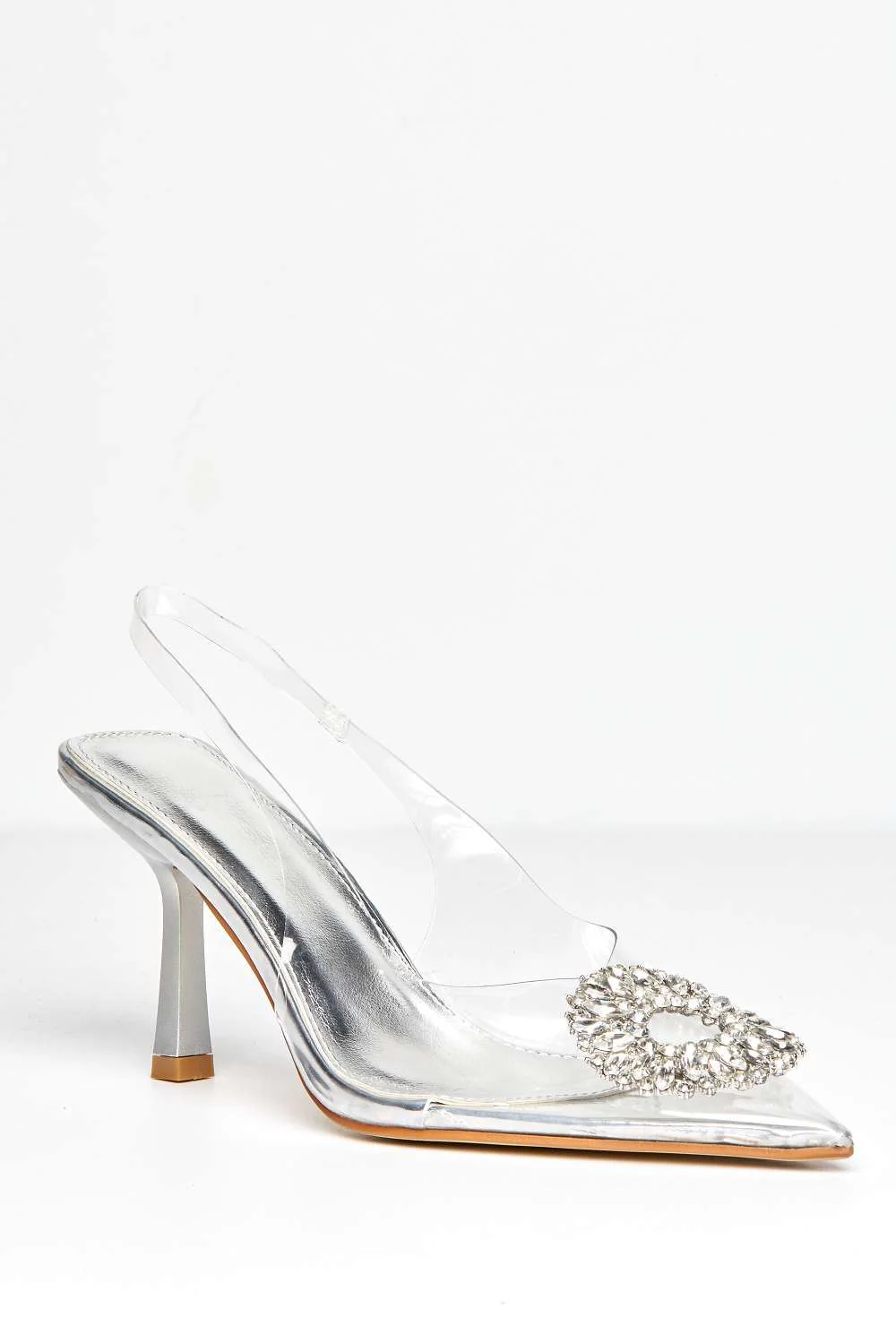 Lolya Diamante Brooch Detail Perspex Court Shoe Heels in Silver - Image 4
