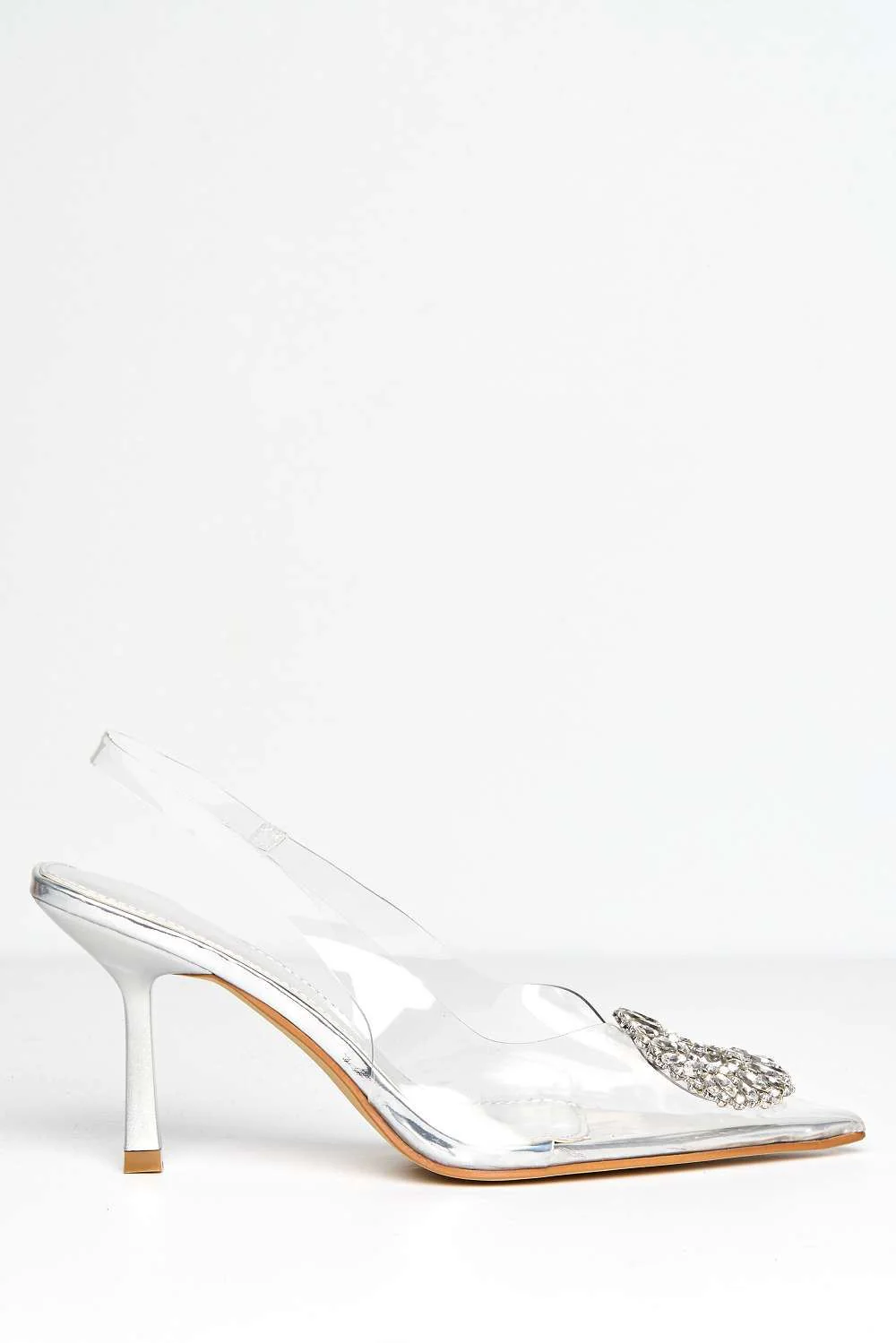 Lolya Diamante Brooch Detail Perspex Court Shoe Heels in Silver - Image 5