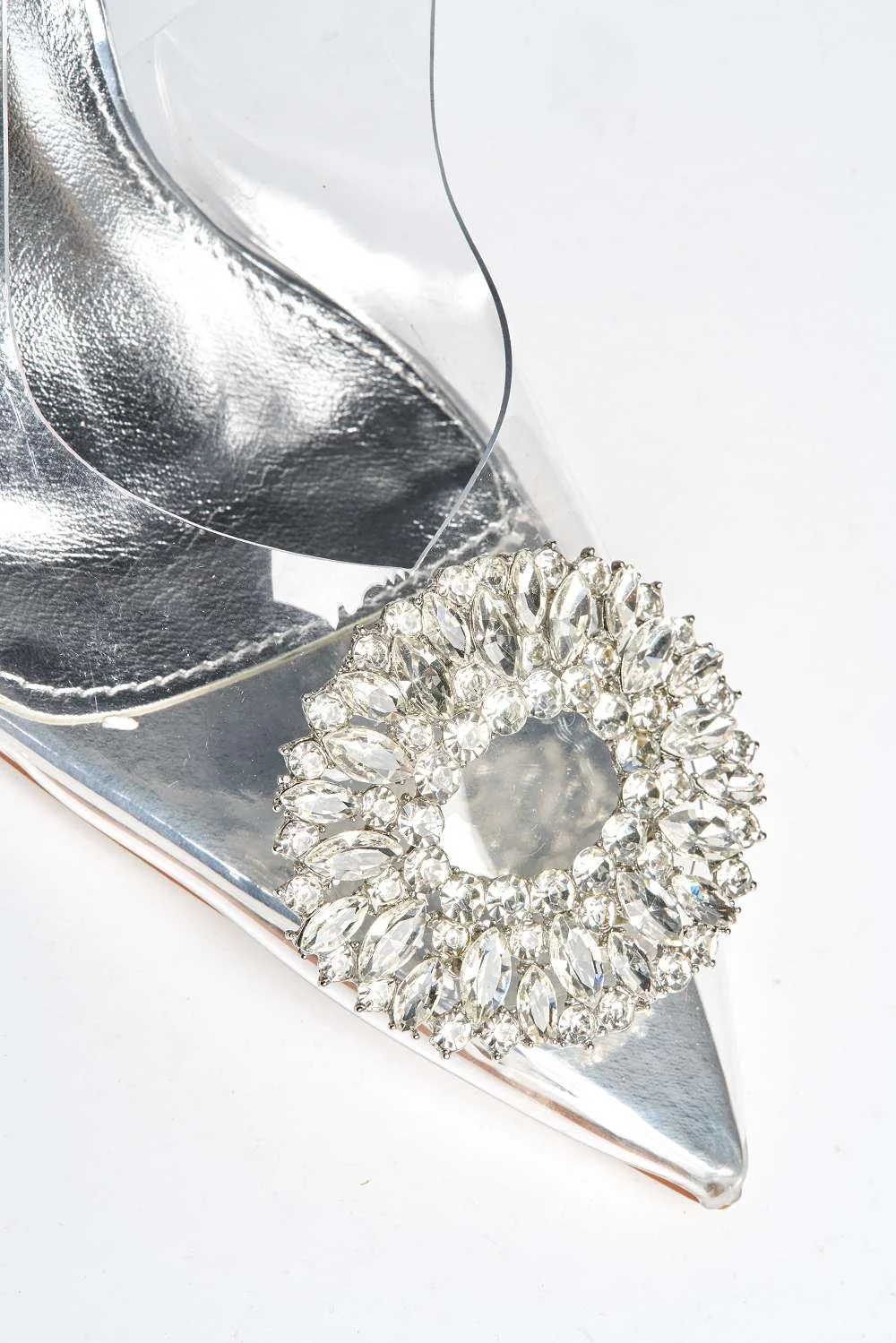 Lolya Diamante Brooch Detail Perspex Court Shoe Heels in Silver - Image 6