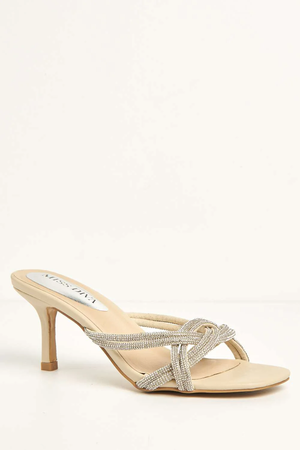 Lora Diamante Embellished Heeled Mules in Nude - Image 4
