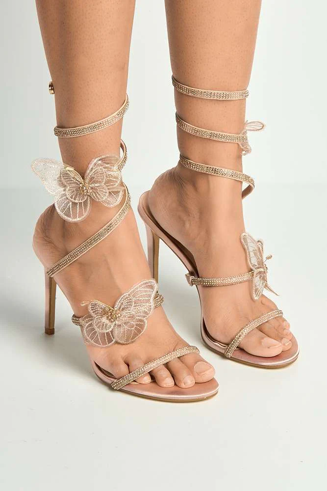 Loreli Flower Detail Diamante Heeled Sandals in Champagne - Image 2